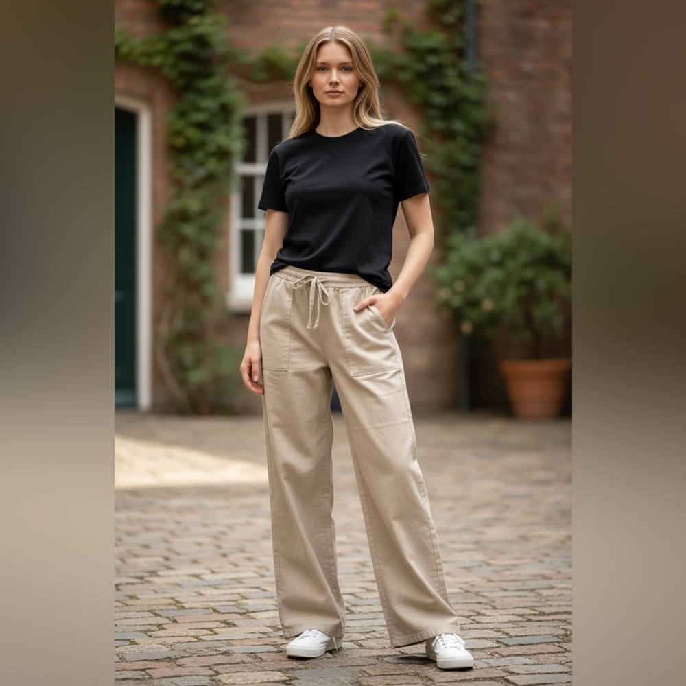 Beige Linen Blend Drawstring Pants - Relaxed Fit Casual Trousers